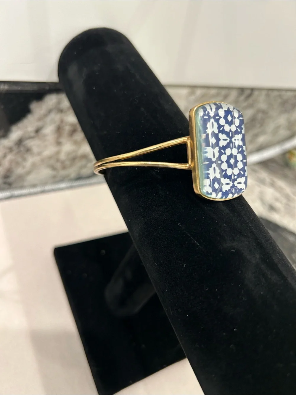 Barse Gold-Tone Blue Floral Tile Cuff Bracelet